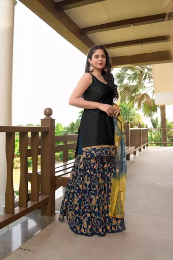 Black embroidered cotton silk stitched straight cut  sharara kurta & dupatta 