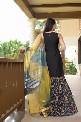 Black embroidered cotton silk stitched straight cut  sharara kurta & dupatta 