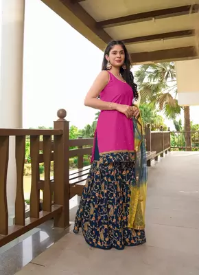 Pink embroidered cotton silk stitched straight cut  sharara kurta & dupatta  3