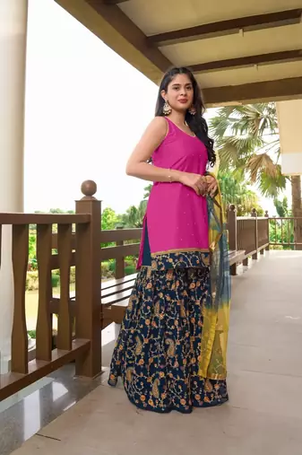 Pink embroidered cotton silk stitched straight cut  sharara kurta & dupatta 