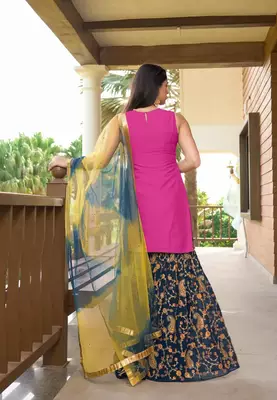 Pink embroidered cotton silk stitched straight cut  sharara kurta & dupatta  4
