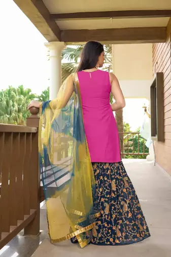 Pink embroidered cotton silk stitched straight cut  sharara kurta & dupatta 
