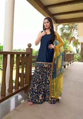Blue embroidered cotton silk stitched straight cut  sharara kurta & dupatta  1