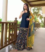 Blue embroidered cotton silk stitched straight cut  sharara kurta & dupatta 