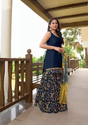Blue embroidered cotton silk stitched straight cut  sharara kurta & dupatta  3