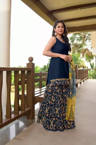 Blue embroidered cotton silk stitched straight cut  sharara kurta & dupatta 