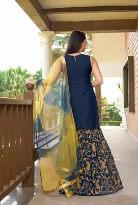 Blue embroidered cotton silk stitched straight cut  sharara kurta & dupatta  4
