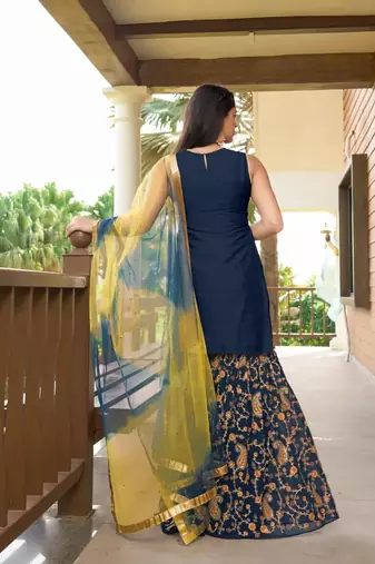 Blue embroidered cotton silk stitched straight cut  sharara kurta & dupatta 