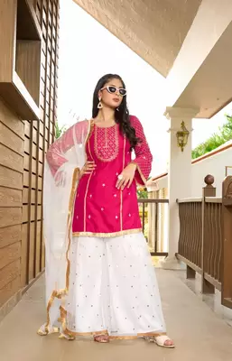 Pink embroidered cotton silk stitched straight cut  sharara kurta & dupatta  1