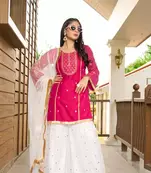 Pink embroidered cotton silk stitched straight cut  sharara kurta & dupatta 