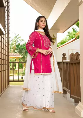 Pink embroidered cotton silk stitched straight cut  sharara kurta & dupatta  3