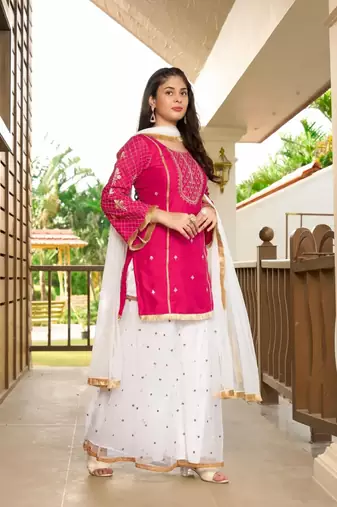 Pink embroidered cotton silk stitched straight cut  sharara kurta & dupatta 