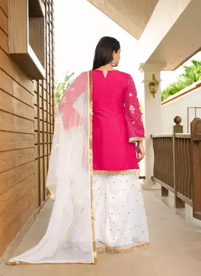 Pink embroidered cotton silk stitched straight cut  sharara kurta & dupatta  4