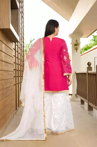 Pink embroidered cotton silk stitched straight cut  sharara kurta & dupatta 
