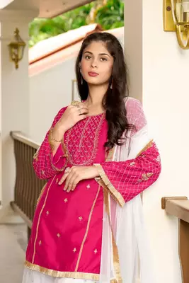 Pink embroidered cotton silk stitched straight cut  sharara kurta & dupatta  5
