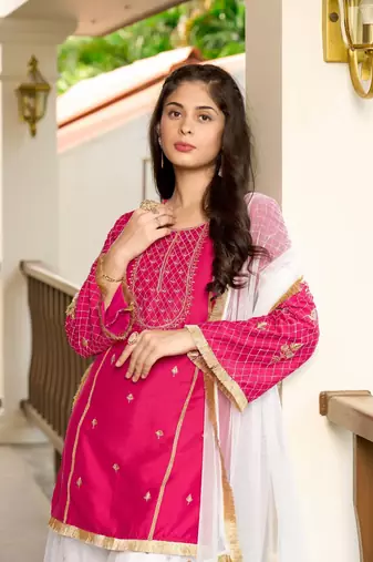 Pink embroidered cotton silk stitched straight cut  sharara kurta & dupatta 