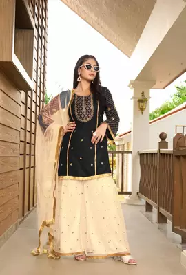 Black embroidered cotton silk stitched straight cut  sharara kurta & dupatta  1