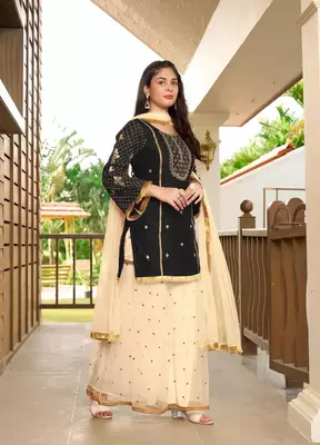 Black embroidered cotton silk stitched straight cut  sharara kurta & dupatta  3