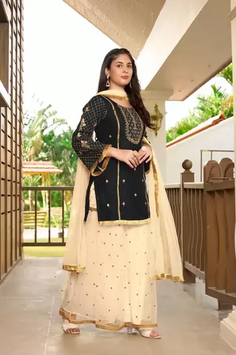 Black embroidered cotton silk stitched straight cut  sharara kurta & dupatta 
