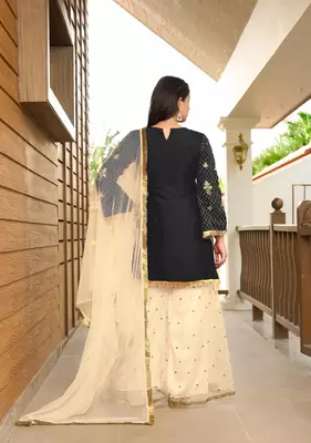 Black embroidered cotton silk stitched straight cut  sharara kurta & dupatta  4