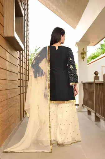 Black embroidered cotton silk stitched straight cut  sharara kurta & dupatta 