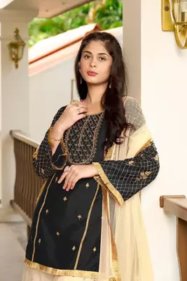 Black embroidered cotton silk stitched straight cut  sharara kurta & dupatta  5