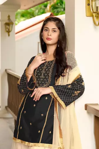 Black embroidered cotton silk stitched straight cut  sharara kurta & dupatta 