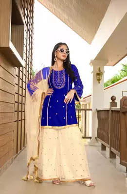 Blue embroidered cotton silk stitched straight cut  sharara kurta & dupatta  1