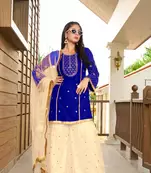 Blue embroidered cotton silk stitched straight cut  sharara kurta & dupatta 