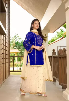 Blue embroidered cotton silk stitched straight cut  sharara kurta & dupatta  3