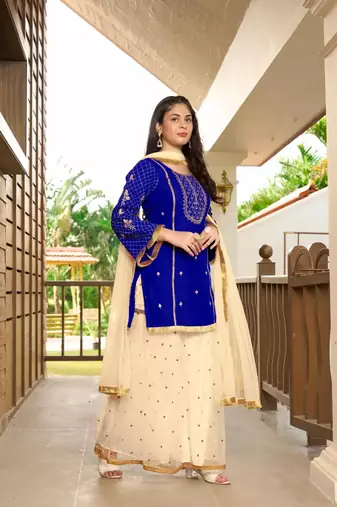 Blue embroidered cotton silk stitched straight cut  sharara kurta & dupatta 