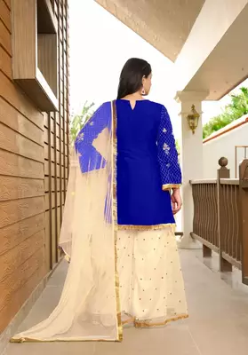 Blue embroidered cotton silk stitched straight cut  sharara kurta & dupatta  4