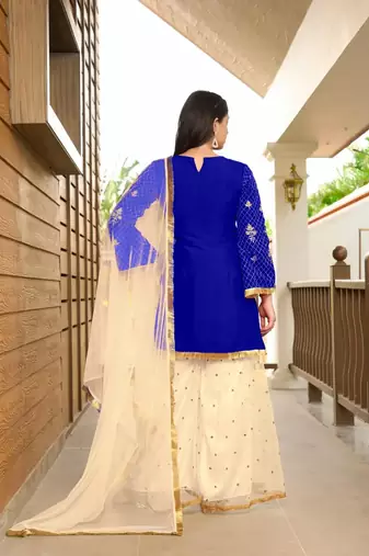 Blue embroidered cotton silk stitched straight cut  sharara kurta & dupatta 