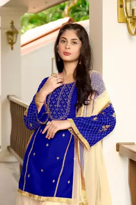 Blue embroidered cotton silk stitched straight cut  sharara kurta & dupatta  5