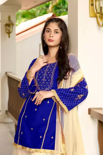 Blue embroidered cotton silk stitched straight cut  sharara kurta & dupatta 