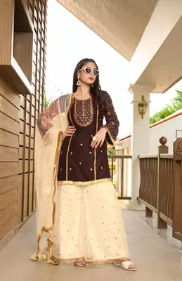 Brown embroidered cotton silk stitched straight cut  sharara kurta & dupatta  1