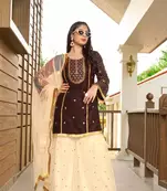 Brown embroidered cotton silk stitched straight cut  sharara kurta & dupatta 