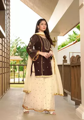 Brown embroidered cotton silk stitched straight cut  sharara kurta & dupatta  3