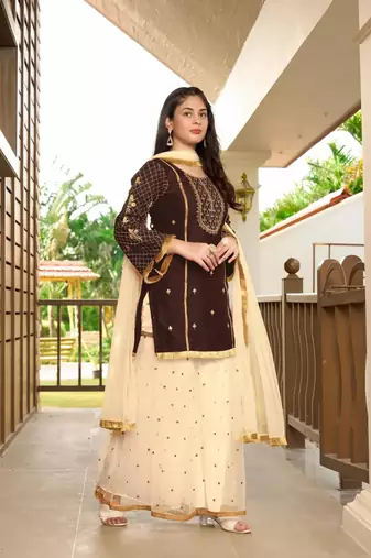 Brown embroidered cotton silk stitched straight cut  sharara kurta & dupatta 
