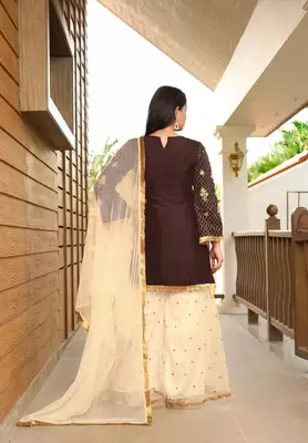 Brown embroidered cotton silk stitched straight cut  sharara kurta & dupatta  4