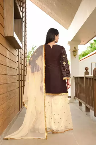 Brown embroidered cotton silk stitched straight cut  sharara kurta & dupatta 
