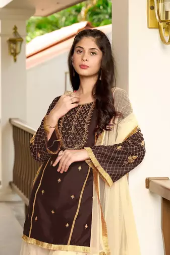 Brown embroidered cotton silk stitched straight cut  sharara kurta & dupatta 
