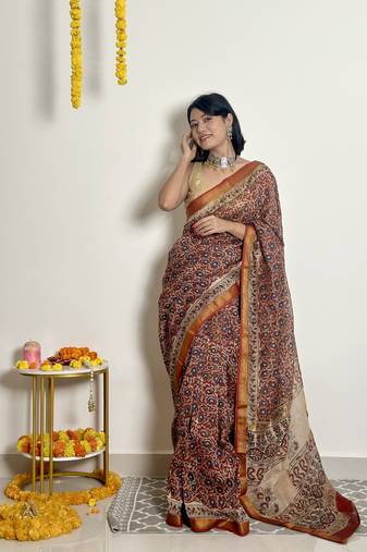 Nutan - Handblock Printed - Maheshwari Silk Saree - Without blouse