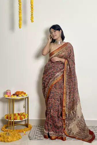 Nutan - Handblock Printed - Maheshwari Silk Saree - Without blouse