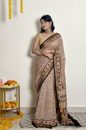 Gulzar - Handblock Printed - Maheshwari Silk Saree - Without blouse