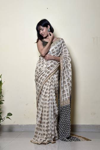 Caramel Chic - Handblock Print Natural Dyed -  Mulmul Cotton Saree - Without blouse