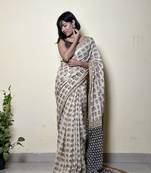 Caramel Chic - Handblock Print Natural Dyed -  Mulmul Cotton Saree - Without blouse