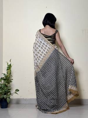 Caramel Chic - Handblock Print Natural Dyed -  Mulmul Cotton Saree - Without blouse 2
