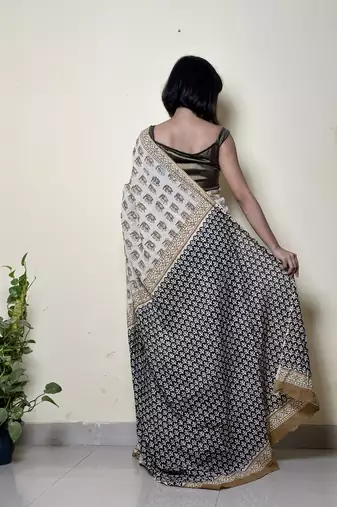 Caramel Chic - Handblock Print Natural Dyed -  Mulmul Cotton Saree - Without blouse