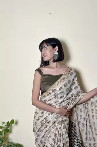 Caramel Chic - Handblock Print Natural Dyed -  Mulmul Cotton Saree - Without blouse